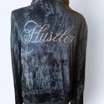 Black velour vintage 2000s Hustler hoodie with rhinestone logo Size Small Blue Photo 3