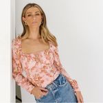 Free People  floral top hillary square neck tie front long sleeve bow boho blush Photo 9