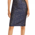 Teri Jon by Rickie Freeman Jaquard Stripe Off the Shoulder Sheath midi Dress 10 Blue Photo 0