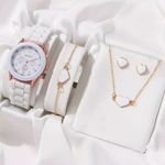 Geneva White and Gold Women's Watch and Necklace Set Photo 2