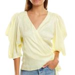 Krisa  Womens Yellow Snake Print Jacquard Wrap Blouse Puff Sleeve XS Photo 0