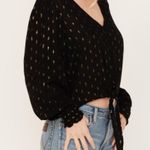 Wrangler Retro Tie Front Poet Sleeve Cropped Blouse Black Gold Metallic Size L Photo 2