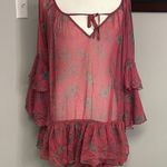 Free People  Sunsette Boho Flowy Ruffle dress size Small Red Floral Sheer Photo 0