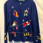 Onque Casuals Womens Cardigan Jacket Top Full Zip Blue Cotton Holiday Christmas Photo 0