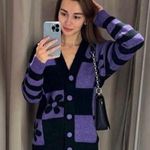 ZARA  Purple Black Checkered Flower Jacquard Knit Oversized Cardigan Sweater S Photo 0