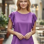 Worthington NEW Womens Purple S silky soft short Sleeve Ruffle Blouse Elegant Photo 0