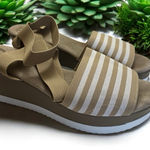 CHARLESTON Stripe Palm Wedge Sandal 10 Tan & White Stretch Ankle Strap Comfort Photo 0