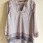 Vince  White Blue Pink Collarless Pullover V-Neck 100% Silk Top Blouse Size 4‎ Photo 0