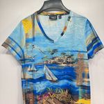 Onque Ocean Scene Printed Short Sleeve Cotton Top with Rhinestones Size Small Photo 1
