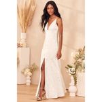 Lulus Promise My Passion White Satin Jacquard Maxi Dress V Neck Floral M Size M Photo 3