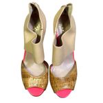 Vince Camuto  Canaday Heels Womens 8 Hot Pink Beige Cork Peep Toe Stiletto Retro Photo 2