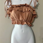 MIOU MUSE Women's Brown Ruffle Tie Strap Crop Top Size S Linen Blend Tan Photo 0