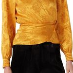RONNY KOBO Top Womens Large Silk Satin Mustard Yellow Gold Floral Holiday Office Photo 0