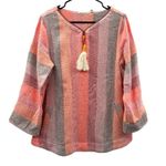 Soft Surroundings  Pink, Peach & Gray Striped Zip‎ Neck Tassel Sweater Size M Photo 0