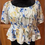 EXPRESS  Floral Square Neck Puff Sleeve‎ Peplum Top Blouse Blue Yellow Size Large Photo 6