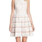 Aidan Mattox White & Nude Embroidered Lace Stripe Dress Photo 0