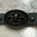 Vintage Skull & Cross Bones Made in Italy Belt Bucket w/ Blue Belt Silver Photo 0