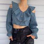 Vintage 80s/90s Chambray Ruffle Cold Shoulder Crop Top Blue Size M Photo 1