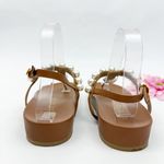 Stuart Weitzman Women’s Goldie Pearl Demi Wedge Thong T-Strap Sandals Tan White Photo 6