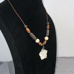 White seashell carved flower necklace on beaded leather cord 15” 3” ext Brown Photo 1