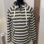 Eddie Bauer  Olive Green White Stripe Popover Hoodie Sweatshirt Buttons Knit S Photo 0