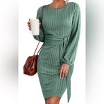 Hotouch Elegant Green Knit Dress Tie Waist Balloon Sleeve Sz Small Body Con Photo 1