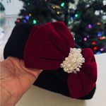 French Style Black Beret with Red Bow Pearl Ribbon Bow NWOT Photo 5
