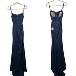 La Femme NWT  Scoop Laced A-Line Satin Embellished Evening Gown Navy Blue 00 Flaw Photo 2