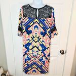 Socialite  Watercolor Floral Geometric Black Lace Yoke Mini Dress Royal Blue S Photo 6