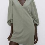 ZARA  Puff Sleeve V-Neck Textured Stretch Mini Career Dress S Olive Green #2983 Photo 0