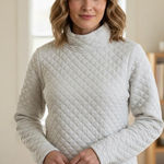 Orvis  Womens Quilted Sweater Heather Pullover Diamond Pattern Mock Neck Cozy XS Photo 0