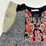 THML  Embroidered Shift Gold Flutter Sleeve With Black Velvet Collar Knit Dress Photo 9