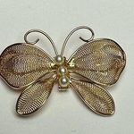 Vintage Napier Butterfly Insect Filigree Gold Tone Faux Pearl Signed Brooch Pin Photo 0