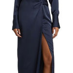 Ramy Brook  Aurora Draped Navy‎ Satin Midi Shirt Dress Side Slit Long Sleeve Sz 2 Photo 0