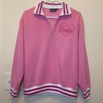 BARBIE Quarter Zip Heart Embroidered Sweatshirt Pink Sz Adult Medium Photo 1