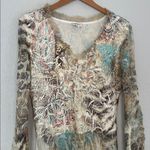 Kamarov Asymmetric Hem Crinkle Floral Print Tunic Top Lace Animal Print Green Size L Photo 2
