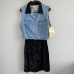 NWT Vintage 90s Tickets Clothing Western 2 Piece Crushed Velvet Dress Denim Vest Black Photo 6