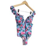SheIn Flamingo Swimsuit Size Large Tropical Print Ruffle Blue/Pink Padded Photo 1