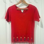 Clio Red Embroidered Knitted Women’s Short Sleeve Top Beaded Silk Cotton Size M Size M Photo 0