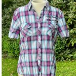 Harley Davidson Women's Plaid Snap Front Short Sleeve M Purple Blue Photo 1