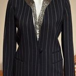 Dana Buchman Black/Navy Cream Pin Stripes Long 1 Button Wool Blazer Jacket Sz 2P Photo 0