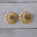 Vintage Clip On Earrings Gold Tone Flower with Light Blue Accents Photo 1
