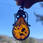 Vintage Baltic Amber Silver Art Deco Tulip Drop Pendant Poland 925 Sterling Orange Photo 1