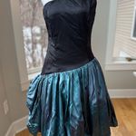 Vintage 80’s Black Teal Satin One Shoulder Prom Dress Sz Small Blue Photo 0