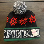 PINK - Victoria's Secret Victoria's Secret PINK Logo Snowflakes Pom Pom Beanie Winter Hat Red Black New Photo 0