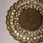 1893 Indian Head Penny CZ Rhinestone Pendant Vintage Gold Tone Boho Necklace Photo 4