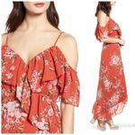 WAYF  Red Floral Print Chiffon Midi‎ Dress Ruffle Off The Shoulder Size Small New Photo 5