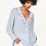 ZARA  Black Striped Ruffle Collar Shirt Small Photo 1