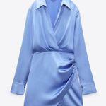 ZARA Dress mini long sleeve collar satin baby blue party night out cocktail Photo 4
