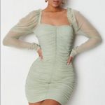 Missguided  Petite ruched mesh mini dress with long sleeve in sage Photo 0